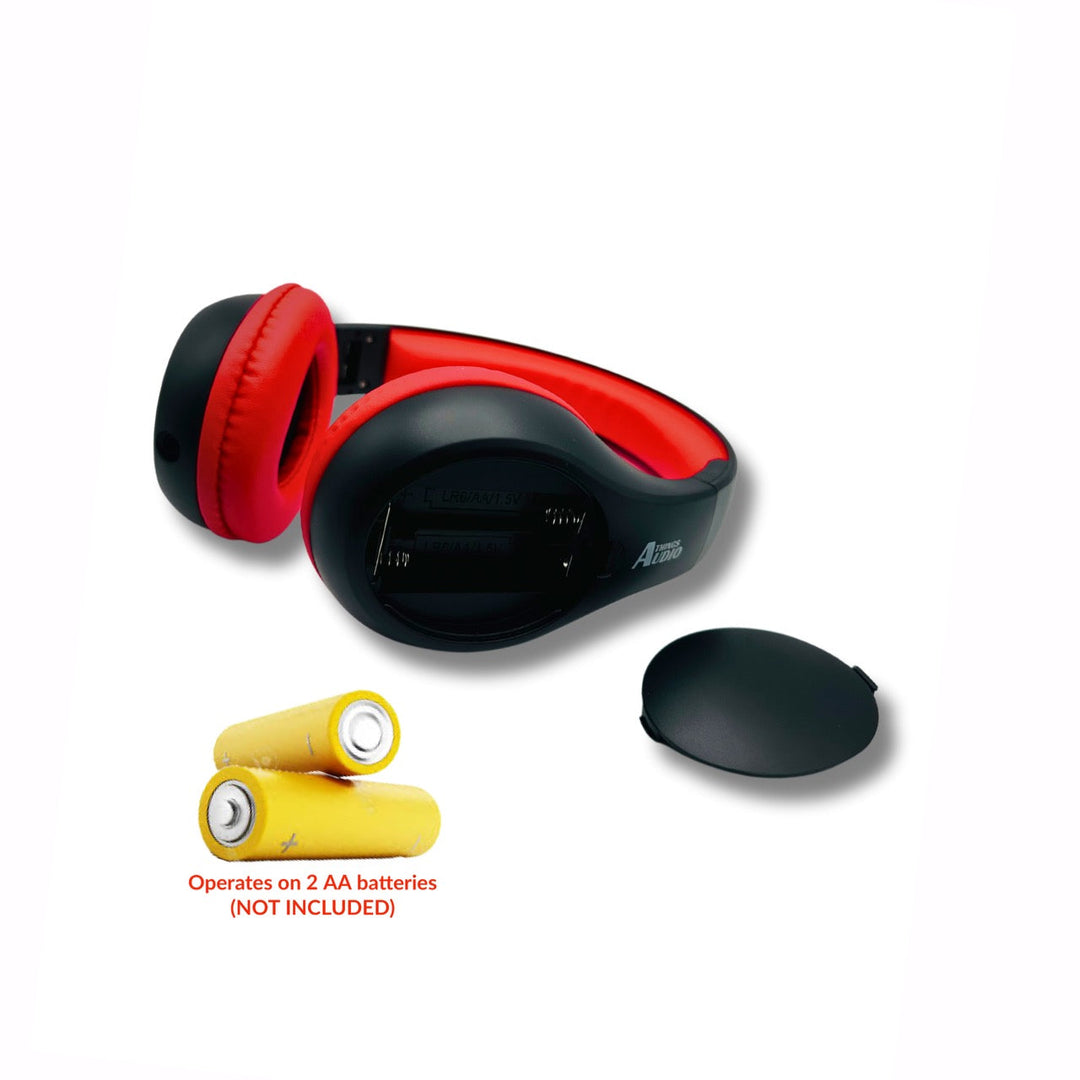 Portable Personal FM Radio Headphones Pull-Out Antenna for Great Reception, Walking, Jogging, Relaxing, School, Talk Radio - Powered by 2AA Batteries (Not Included) (Black & Red)