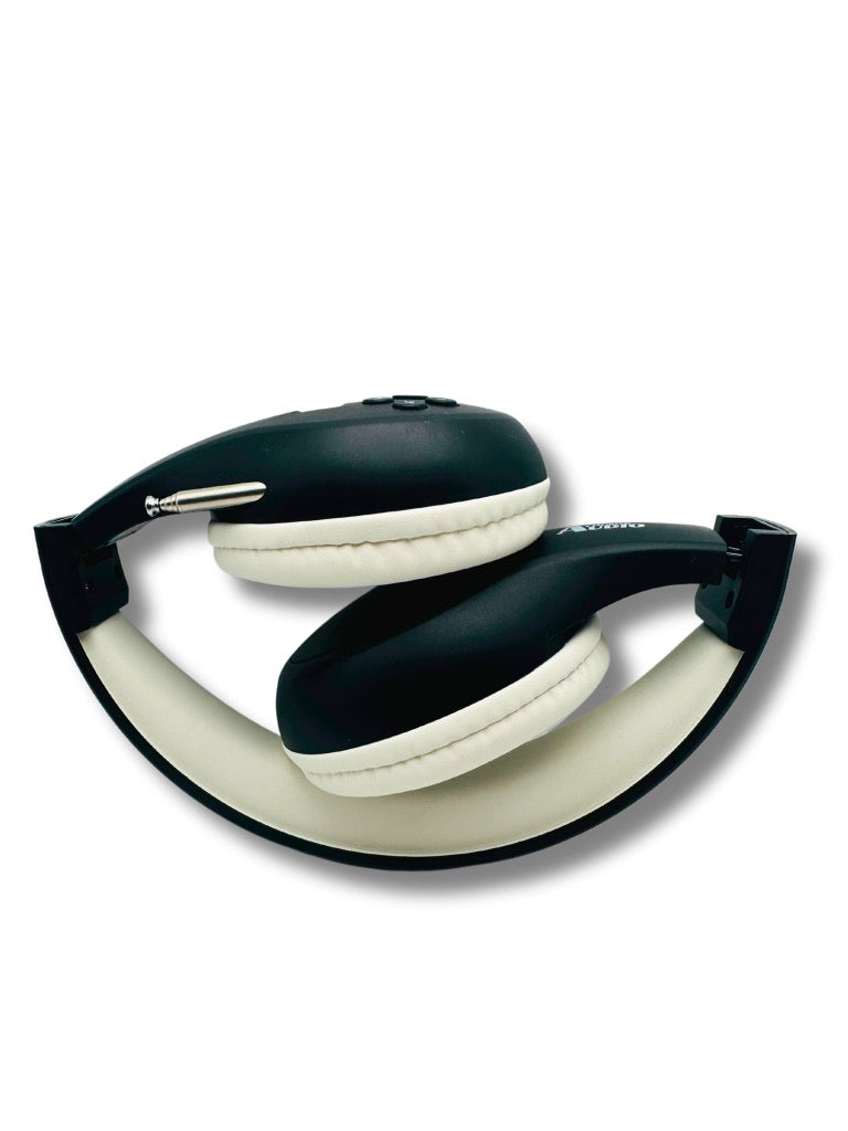 Things Audio black and white over-ear FM radio headphones folded