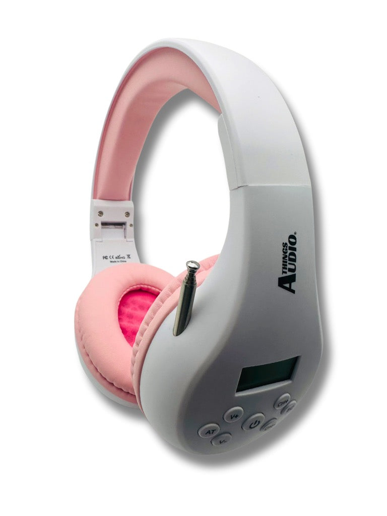 Portable Personal FM Radio Headphones Pull-Out Antenna for Great Reception, Walking, Jogging, Relaxing, School, Talk Radio - Powered by 2AA Batteries (Not Included) (White & Pink)