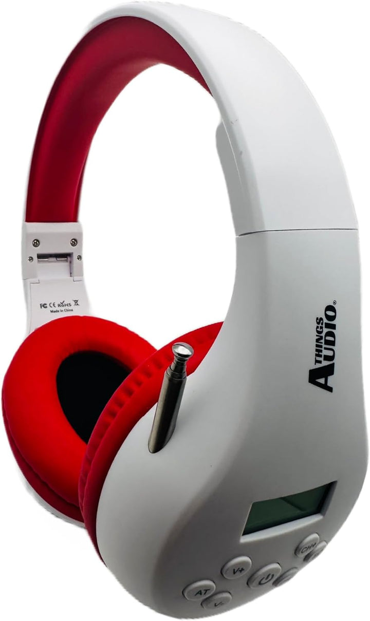 Things Audio Portable FM Radio Headphones - Energy Edition for Active Listening - Extended Antenna Wireless Design (White/Red)