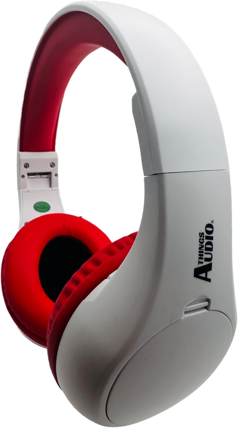 Things Audio Portable FM Radio Headphones - Energy Edition for Active Listening - Extended Antenna Wireless Design (White/Red)
