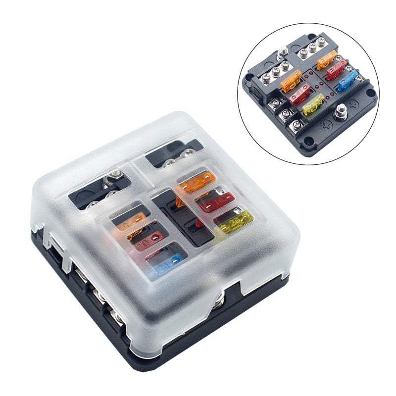 Waterpoof Cover 6 Way Fuse Block with ATC/ATO Blade Fuses Negative Bus 12V Car Fuse Box Holder