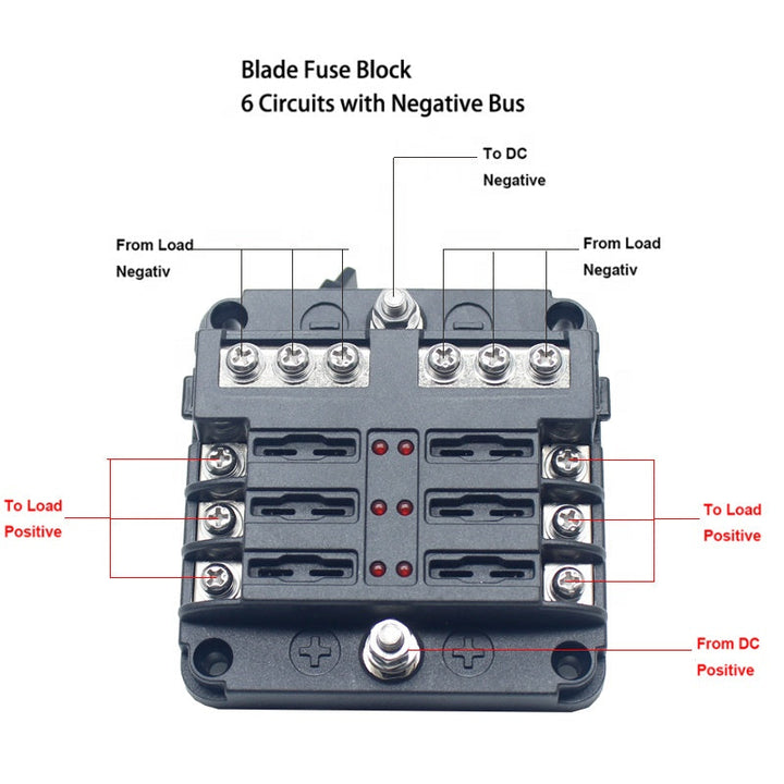 Waterpoof Cover 6 Way Fuse Block with ATC/ATO Blade Fuses Negative Bus 12V Car Fuse Box Holder