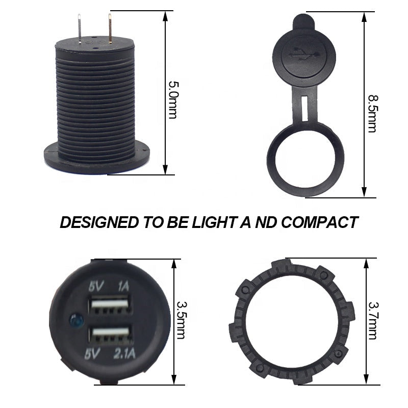 Waterproof 12v to 24v dual panel mounting usb sockets with indicator Dual USB Charger Socket 2.1A 1A