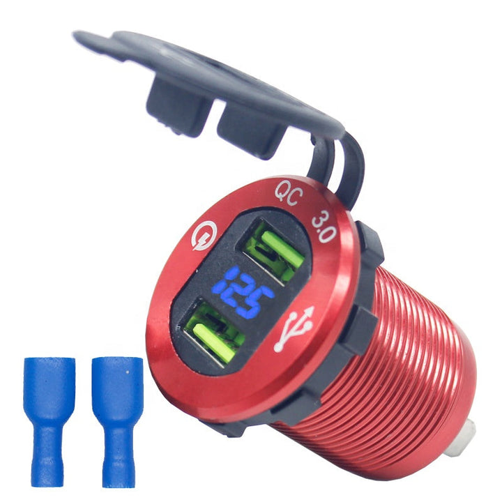 Waterproof Aluminum Quick Charge 3.0 Dual USB Bus Truck Marine Charger Socket with LED Voltmeter & Wire Fuse for car