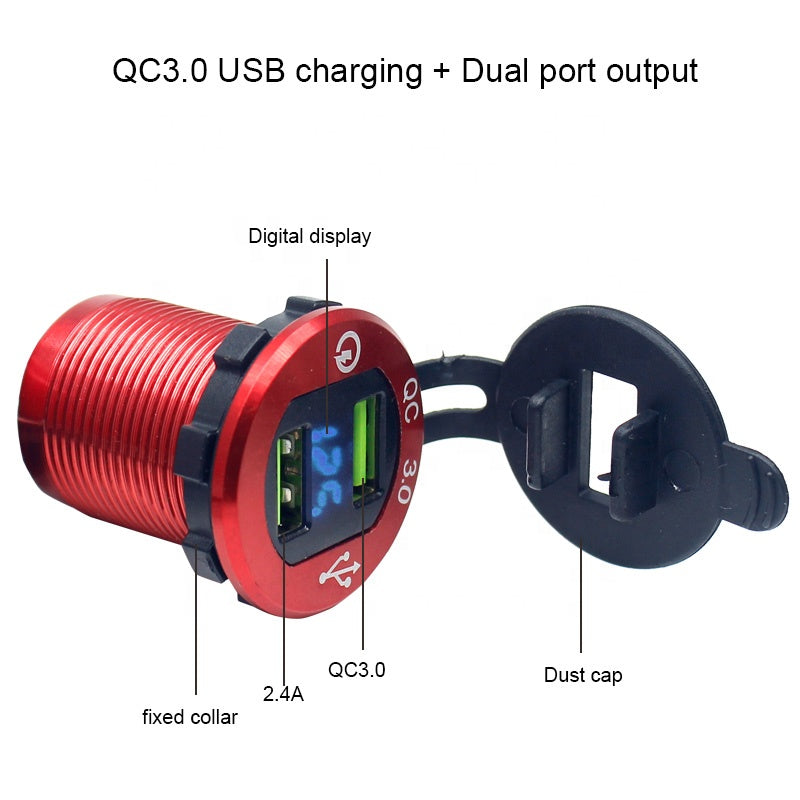 Waterproof Aluminum Quick Charge 3.0 Dual USB Bus Truck Marine Charger Socket with LED Voltmeter & Wire Fuse for car