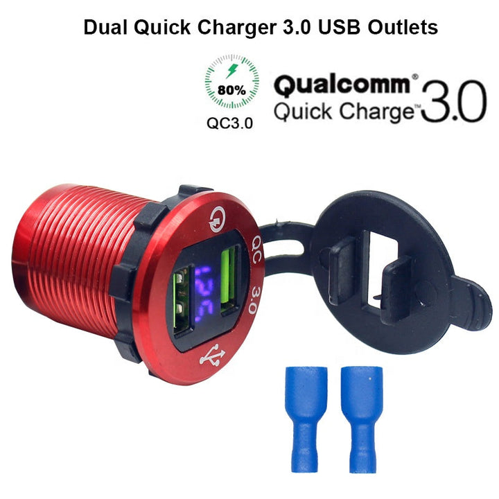 Waterproof Aluminum Quick Charge 3.0 Dual USB Bus Truck Marine Charger Socket with LED Voltmeter & Wire Fuse for car