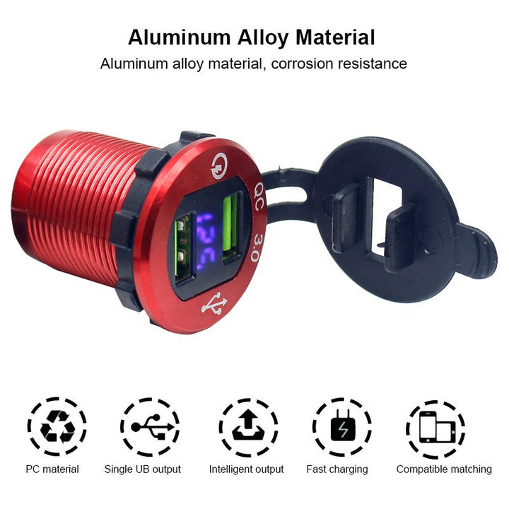 Waterproof Aluminum Quick Charge 3.0 Dual USB Bus Truck Marine Charger Socket with LED Voltmeter & Wire Fuse for car