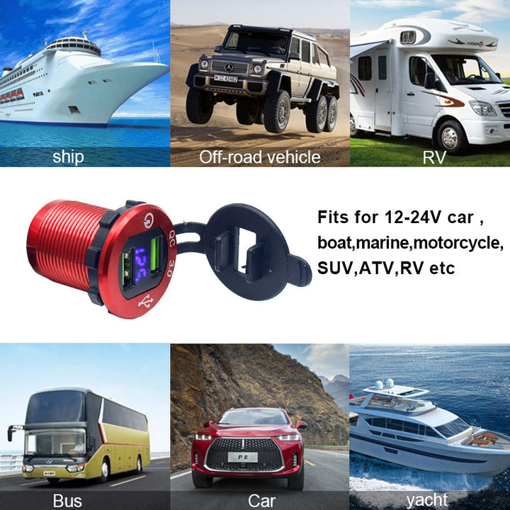 Waterproof Aluminum Quick Charge 3.0 Dual USB Bus Truck Marine Charger Socket with LED Voltmeter & Wire Fuse for car