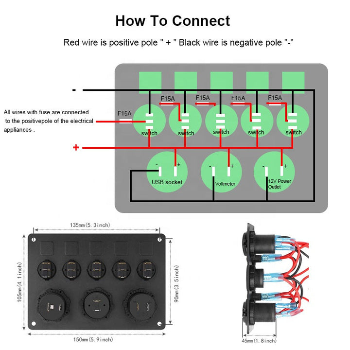 Waterproof DC 12V 24V Panel for Marine Car Boat 5 gang Led Rocker Switch 4.2A USB Charger Rocker switch control panel