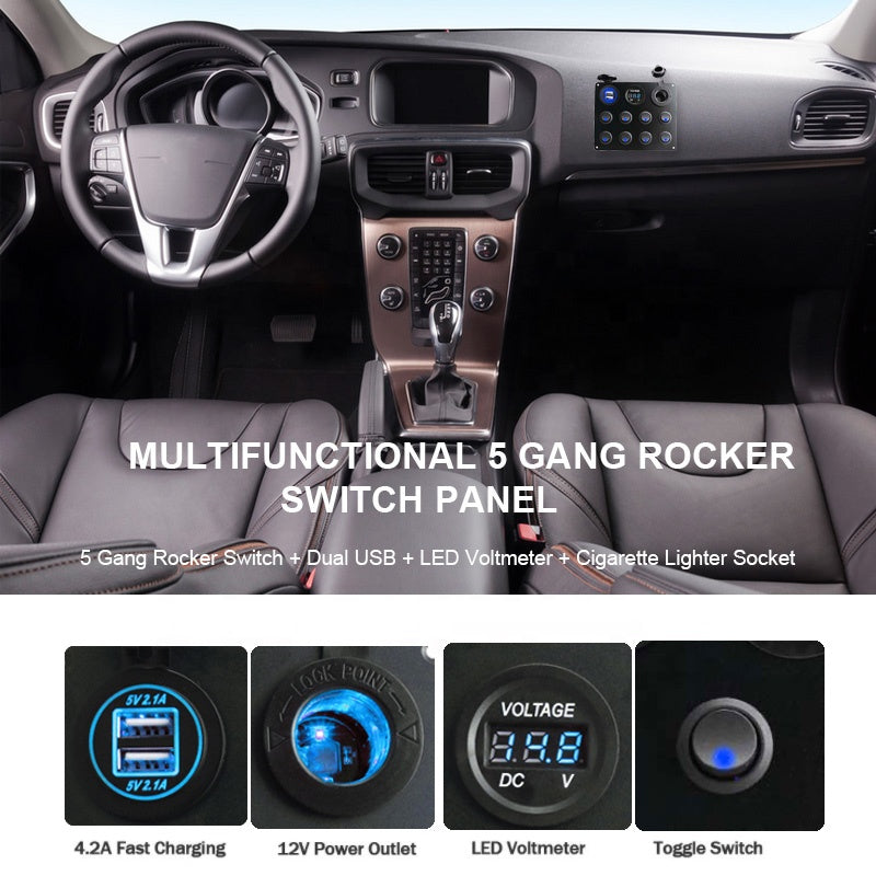 Waterproof DC 12V 24V Panel for Marine Car Boat 5 gang Led Rocker Switch 4.2A USB Charger Rocker switch control panel