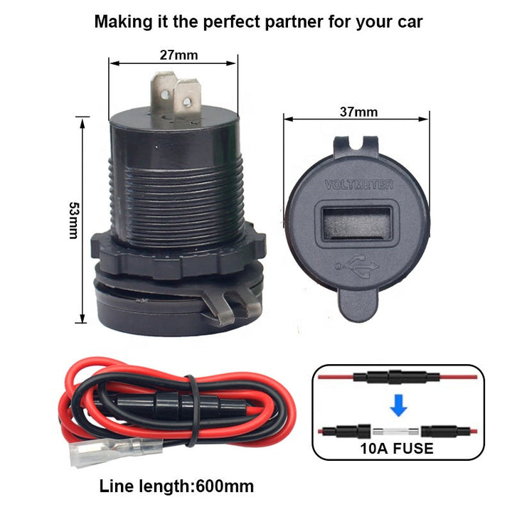 Waterproof Power Outlet Fast Charge with LED Voltmeter & Wire Fuse Quick Charge 3.0 Dual USB Charger Socket