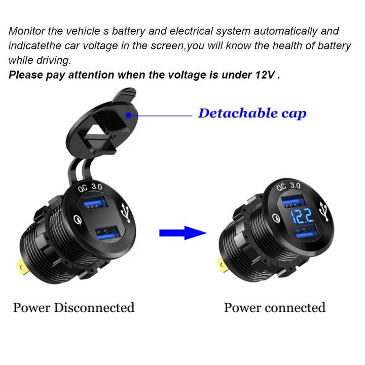 Waterproof Power Outlet Fast Charge with LED Voltmeter & Wire Fuse Quick Charge 3.0 Dual USB Charger Socket