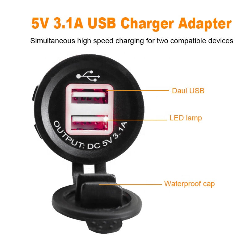 Waterproof USB Charger Adapter Socket 12-24V Outlet Power Jack Marine Motorcycles With LED Indicator