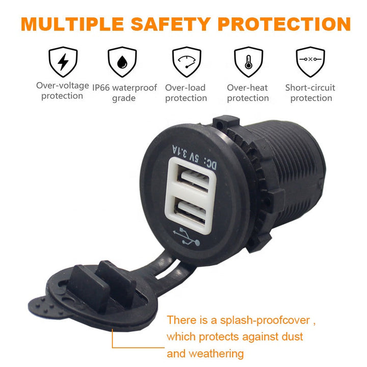 Waterproof USB Charger Adapter Socket 12-24V Outlet Power Jack Marine Motorcycles With LED Indicator